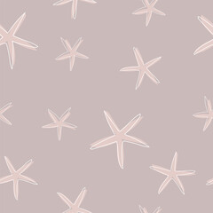 Starfish seamless pattern. Pattern with seastars in muted colors. One line drawing of a seastars. Hand drawn marine illustrations of starfishes. Summer tropical ocean beach style