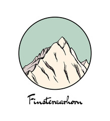 Vector emblem with hand drawn Alpine peak Finsteraarhorn. Ink drawing, graphic style. Perfect for travel, sport or spiritual designs.