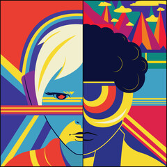 Abstract half faces man and woman in 80s style with colorful background. Angry woman with headphones on her head. African American man with colorful glasses. Background with mountains and stripes.  