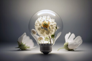 Flowers inside the electric bulb. Concept of saving energy. Generative AI