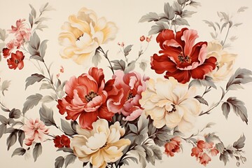 A painting of red and yellow flowers on a white background. AI