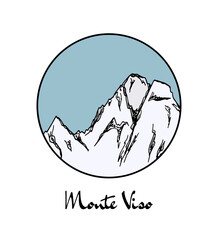 Vector emblem with hand drawn Alpine peak Monte Viso. Ink drawing, graphic style. Perfect for travel, sport or spiritual designs.