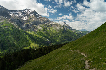 Fototapeta na wymiar Chemin de randonnée dans les Alpes Suisse avec en arrière plan une montagne avec de la neige