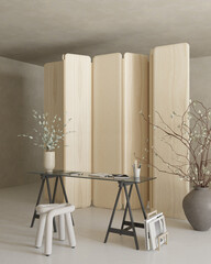Studio office space design with desk and chair , decor , partition wall , 3d rendering