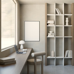 Modern home office interior design with desk and chair , shelves , decor , 3d rendering