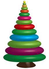 Illustration of a 3d Christmas tree. Colorful Christmas tree with red and green color in pyramid shape, toys. Object isolated.
