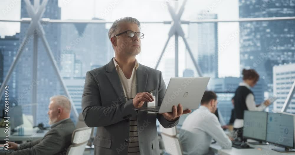 Aufkleber succeful caucasian businessman walking in modern office with diverse employees in downtown skyscrape