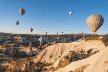 beautiful scenery flight of balloons in the mountains of Cappadocia
