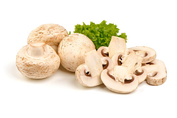 Sliced champignons, top view, isolated on white background.