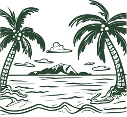 Fototapeta na wymiar Island with palm trees presented as a vector sketch illustration set in the middle of the ocean