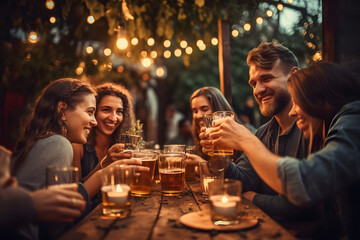 nightlife lifestyle A group of friends sitting at a table with beer glasses ai generated art