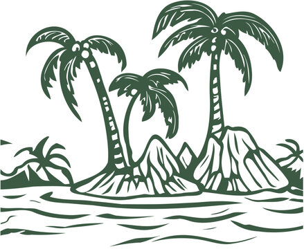 Island with palm trees depicted as a vector sketch illustration in the ocean