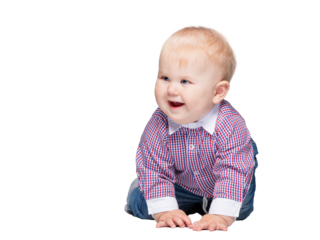 Cute little child, a boy crawling looking at the camera. Isolated on transparent white background
