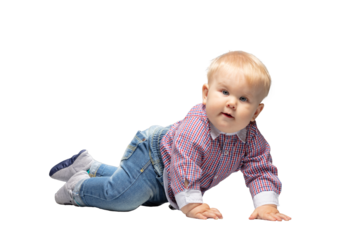 Cute little child, a boy crawling looking at the camera. Isolated on transparent white background