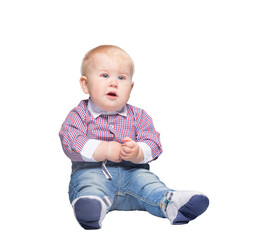 Happy little child wondering expression. Isolated on transparent white background