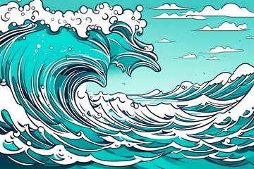 Fototapeta na wymiar Illustration of fierce wave in the ocean. Ink style with bold lines. (AI-generated fictional illustration) 