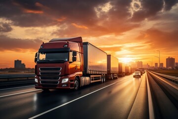 Fototapeta na wymiar A red semi truck driving down a highway at sunset. AI