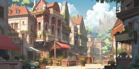 Obraz premium Transport yourself to a dreamy European village, where vibrant anime animation showcases a charming bridge spanning a gentle river
