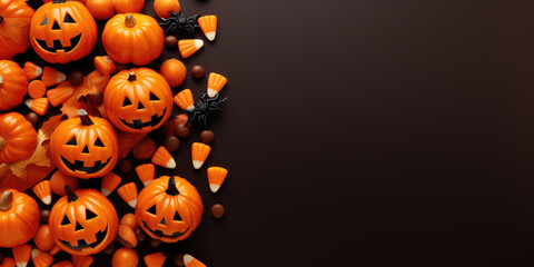 Halloween Jack-o'-lantern, candy. Top view Featuring a vibrant Brown background with copy space. Generative AI.