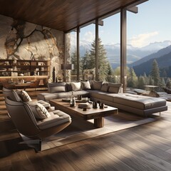 Modern Elegance with Natural Elements Sleek Furniture, Stone Accents, and Nature Views