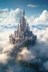 Beautiful castle among the clouds in the sky. White castle.