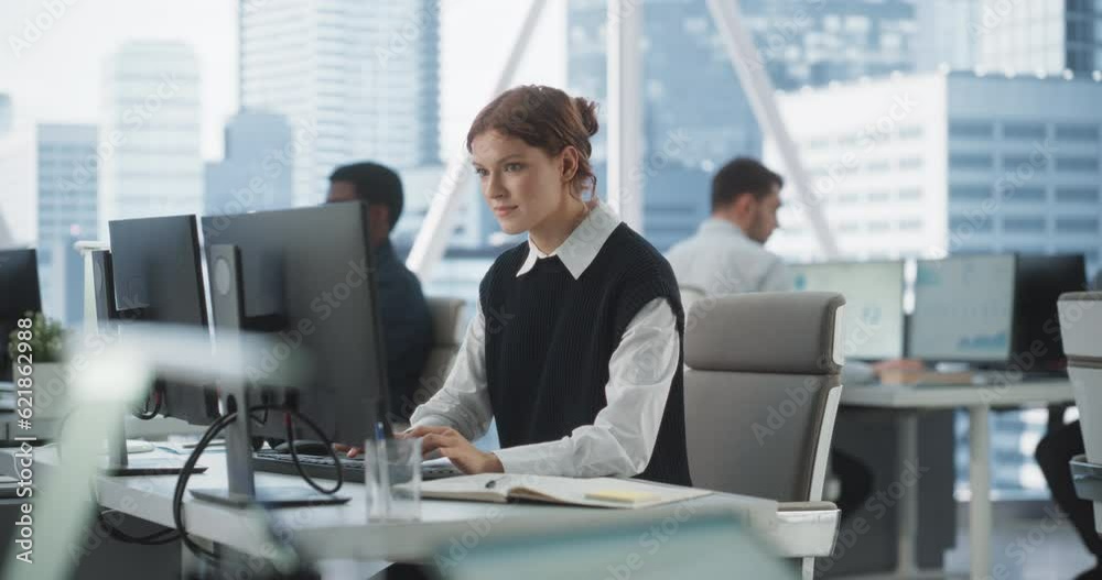 Poster Happy Female Account Manager Typing On Desktop Computer In Diverse Corporate Office With Megapolis Window View. Professional Caucasian Woman Taking Notes and Creating Report For Consulting Company.