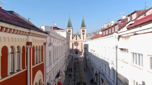 Aerial Shot of the Catholic Sacred Heart Cathedral in Sarajevo - 4K