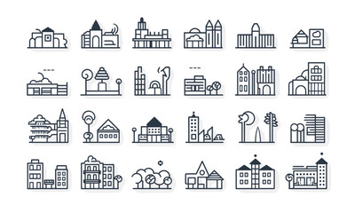 Icons of the city in the form of lines on a transparent background with editable strokes