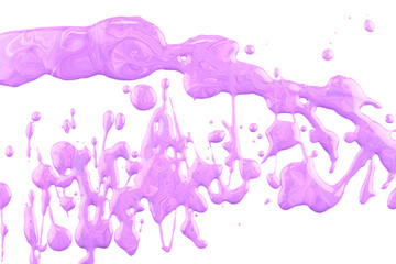 Paint drops and splashes on white paper. Multicolored explosion, purple lilac ink blots abstract background, fluid art