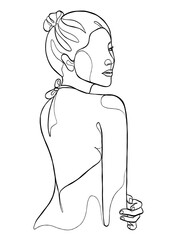 Continuous one line drawing of woman with hair bun. Vector illustration.