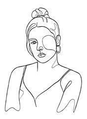 Continuous one line drawing of woman with hair bun. Vector illustration.