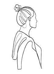 Continuous one line drawing of woman with hair bun. Vector illustration.