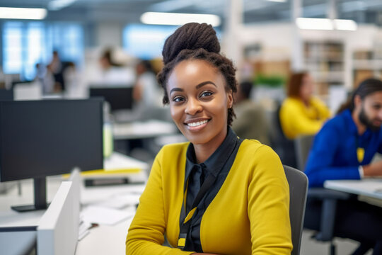 An African American office worker confidently sits at her desk, working on her computer in a modern office environment.