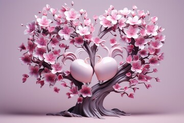 A pink heart with flowers and leaves on a pink background. AI
