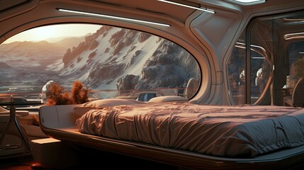 Fototapeta premium polymorph parametric Living Quarters on planet Jupiter, Interior Design, superb view of the planet, from the inside, Spacial Design, Futuristic