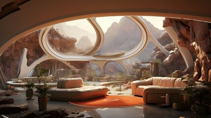 polymorph parametric Living Quarters on planet Jupiter, Interior Design, superb view of the planet, from the inside, Spacial Design, Futuristic
