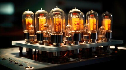 Fototapeta na wymiar glowing corn shape transistor lamps on the motherboard of the amplifier