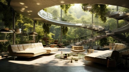 futuristic crazy full bubble glass interior, cantilever botanical patio
