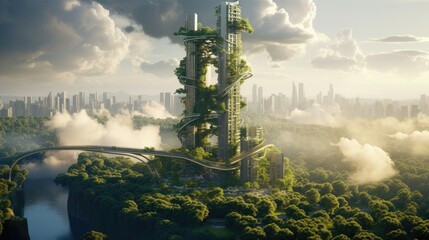 elegant skyscraper, city views, elegant and light, floating above cloud, green terraces, dynamic and organic