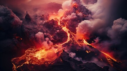 an aerial view of a erupting volcano, mesmerizing colorscapes