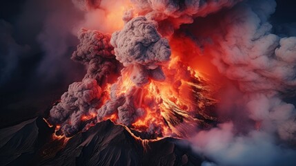 an aerial view of a erupting volcano, mesmerizing colorscapes