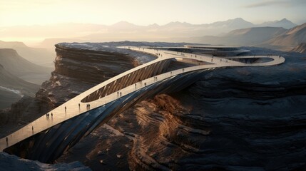 horizontal futuristic architecture on the cliff ,desert cliff mountain, impossible structure