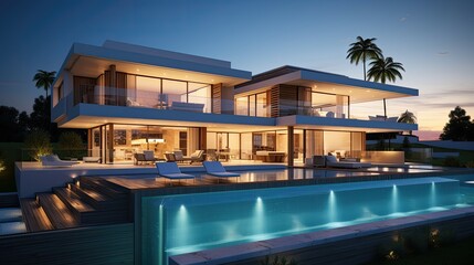 Obraz premium modern architectual villa with huge pool in front
