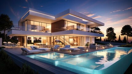 Fototapeta premium modern architectual villa with huge pool in front