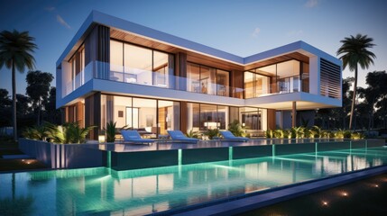 modern architectual villa with huge pool in front