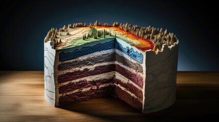 Fototapeta premium a geography themed layer cake, made with different layered elements, layers representing the stratigraphy of a landmark