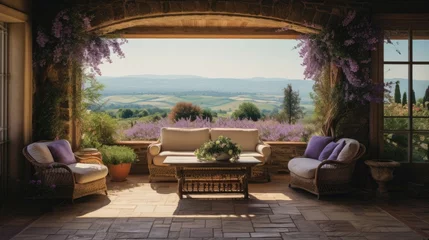 Foto auf Acrylglas a tiled veranda with lavender shrubs overlooking Tuscany rolling hills with vinyards and country homes © medienvirus