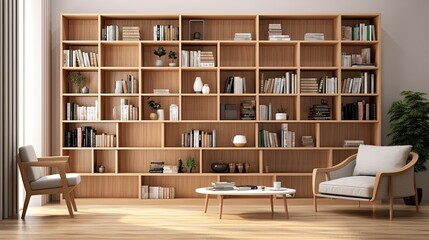 library shelves with books, Pure solid wood full-wall bookshelf