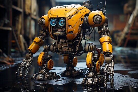 A yellow robot with blue eyes standing on a wet surface. AI