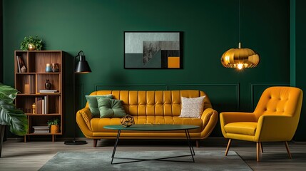 a living room with green sofas and a lamp, modern living room, furniture design, post-modern eclectic mix